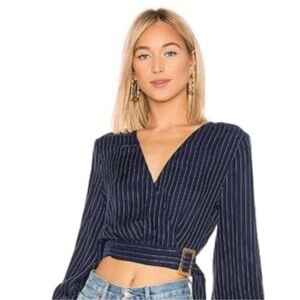 L'Academie Pinstripe Wrap Top Blouse Long‎ Sleeve Buckle Detail Size M